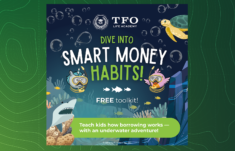 Underwater‑themed graphic promoting “Dive Into Smart Money Habits!” by TFO Life Academy with cartoon sea creatures and bubbles.
